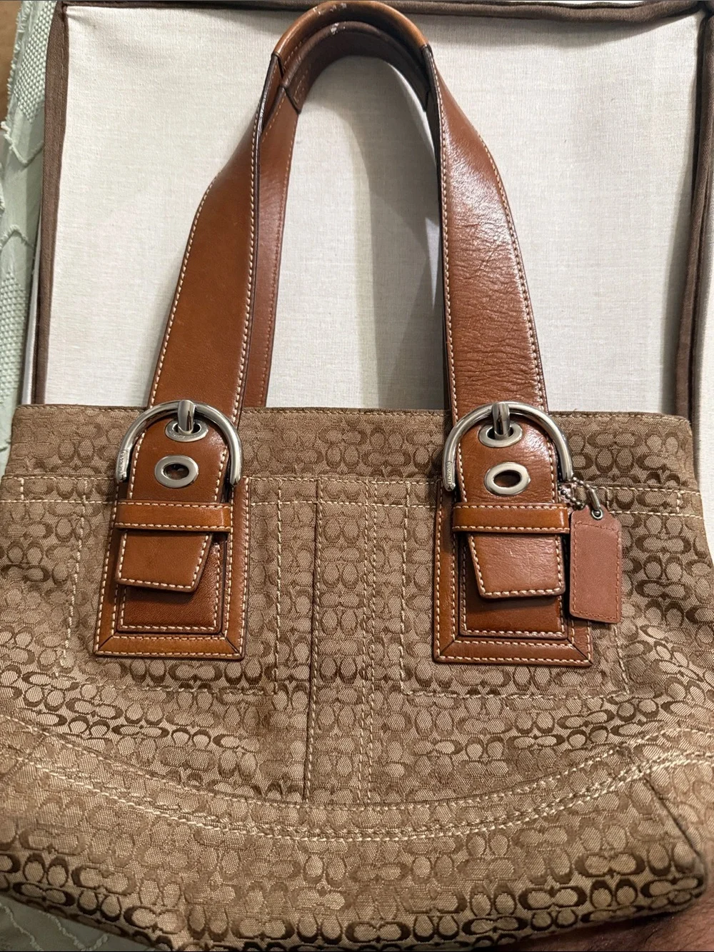 Coach Tan/Brown Signature Canvas Tote with Leather Handles